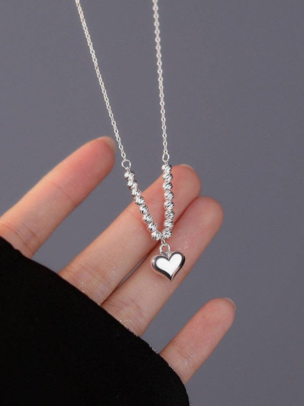 925 Sterling Silver Beaded Heart Charm Pendant Necklace, Boutique